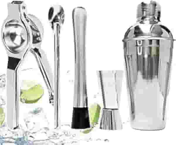 Kit Caipirinha Profissional, 750ml, Kit Coqueteleira 5 Peças em Aço Inox, Shaker com Medidor e Acessórios para Bar