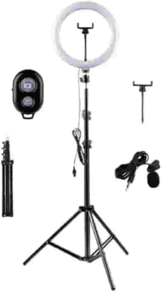 Iluminador Led Ring Light 26cm Com Tripé Profissional Kit Controle bluetooth e Mic Lapela Mestre Import