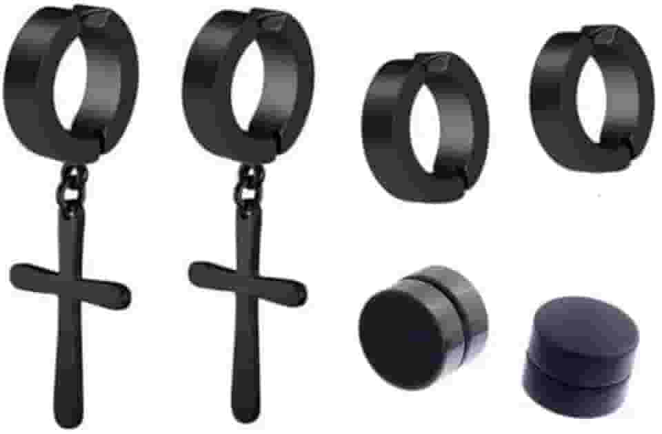 Brinco Masculino Argola Cruz Pressão Kit Com 3 Pares Bts