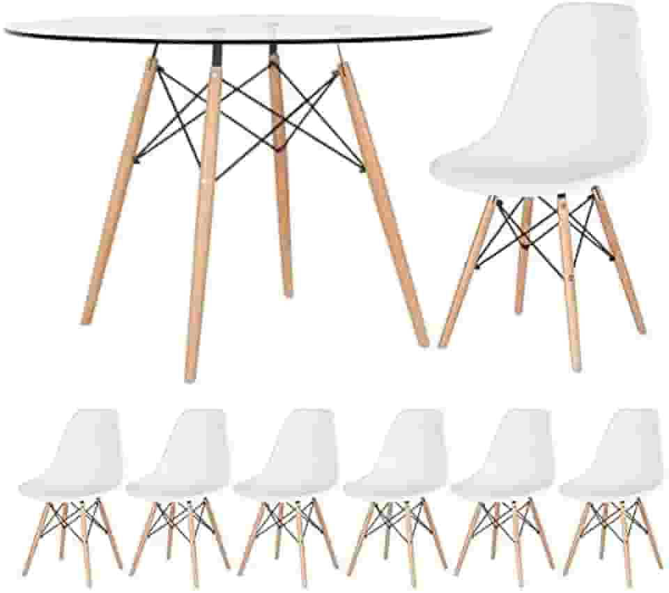 Loft7, Mesa redonda Eames com tampo de vidro 120 cm + 6 cadeiras Eiffel DSW Branco