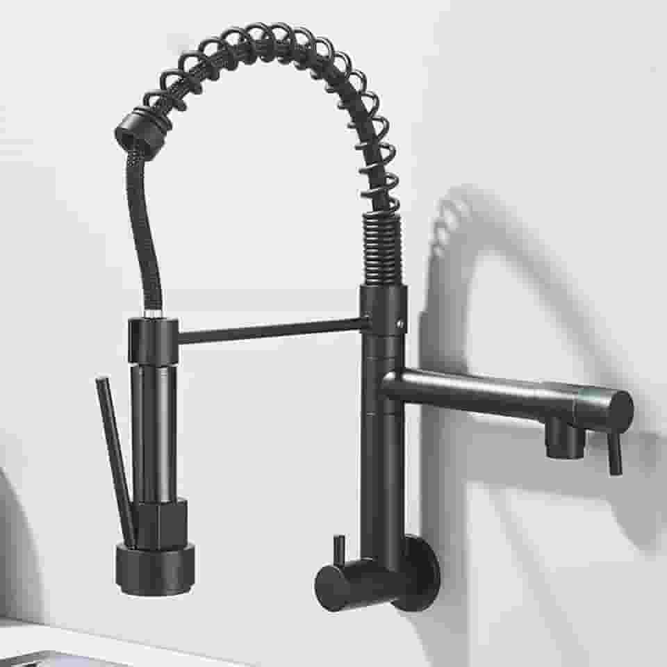 TINICO Torneira de Cozinha Gourmet,Aço Inoxidável Água Fria Única Com Misturador de Extraível,Bicos Duplos Torneira de Parede,Rotação 360,Preto