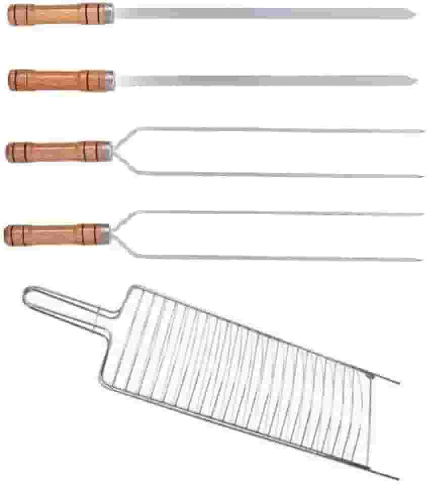 Kit Churrasco Grelha Dupla,4 Espetos Cabo Madeira 65cm Para Peixes Carnes Frangos Linguiça Churrasco.
