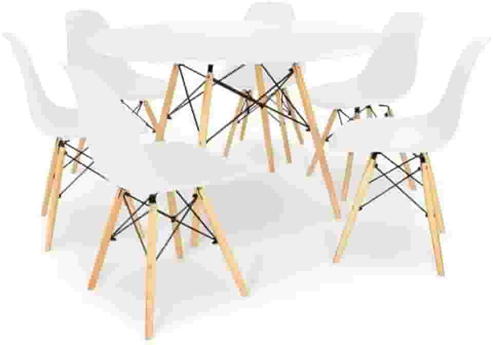 Conjunto de Mesa de Jantar Eames Eiffel Redonda 100cm Tampo de Madeira Branco com 6 Cadeiras Brancas