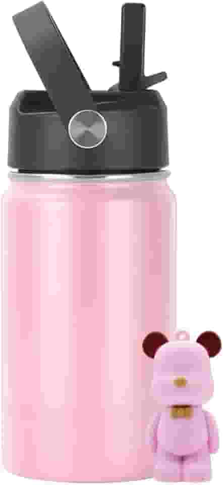 Garrafa Térmica Infantil Inox 350ml com Canudo, Alça e Antivazamento | Acompanha Chaveiro 3D (Rosa)