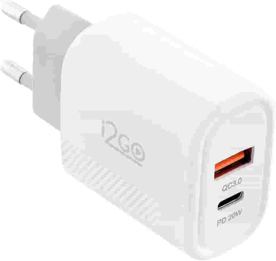 Carregador de Parede Ultra Rápido com 1 Saída USB-C Power Delivery 20W + 1 Saída USB-A 18W I2GO - i2GO PRO, Branco