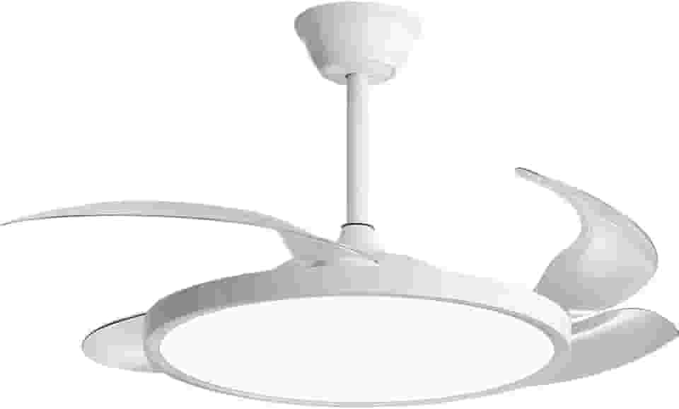 Ventilador de Teto Retrátil 4 Pás Invisíveis com LED 36W 3 Cores, Controle Remoto, Motor Silencioso, Bivolt, Branco com Acrílico, 6 Velocidades, Hastes 38cm e 48cm