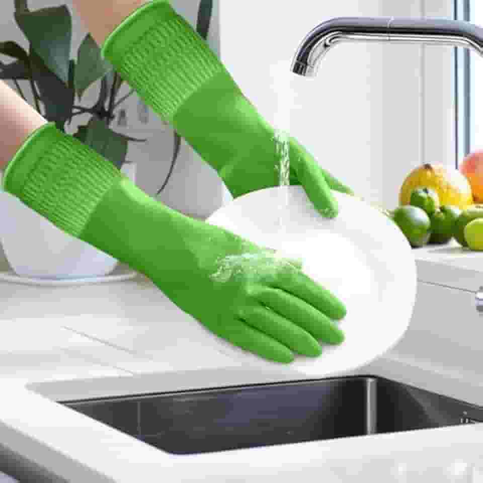 Luvas de borracha para limpeza com punhos longos, à prova d'água, para lavar louça, luvas domésticas com aderência para cozinha e banheiro (verde, P)