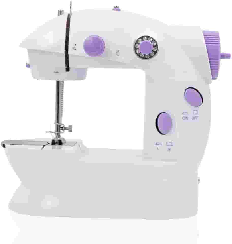 Mini Máquina de Costura Portátil, Bivolt 110V/220V, Branca e Lilás, Compacta, com Pedal e Fonte de Energia, 19x19x9.5cm, para Uso Doméstico