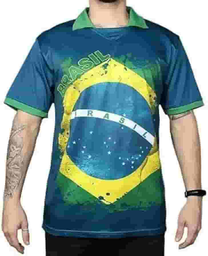 Camisa Polo Azul Bandeira Brasil Copa do Mundo Futebol TAMANHO M