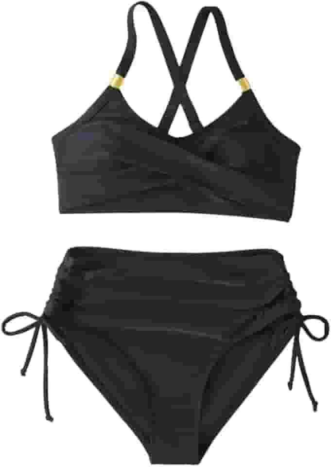 Conjunto de biquíni feminino cruzado com cordões, frente única, frente única, cintura média