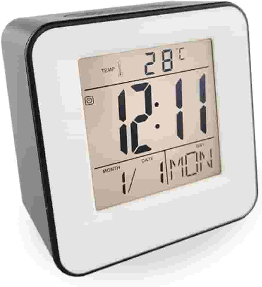 Relógio Despertador Mini Multifuncional com Display LCD, Luz Noturna e 8 Toques Diferentes – Portátil e Econômico Alimentado por Pilhas com Sensor Inteligente Som e Função Touch (Preto)