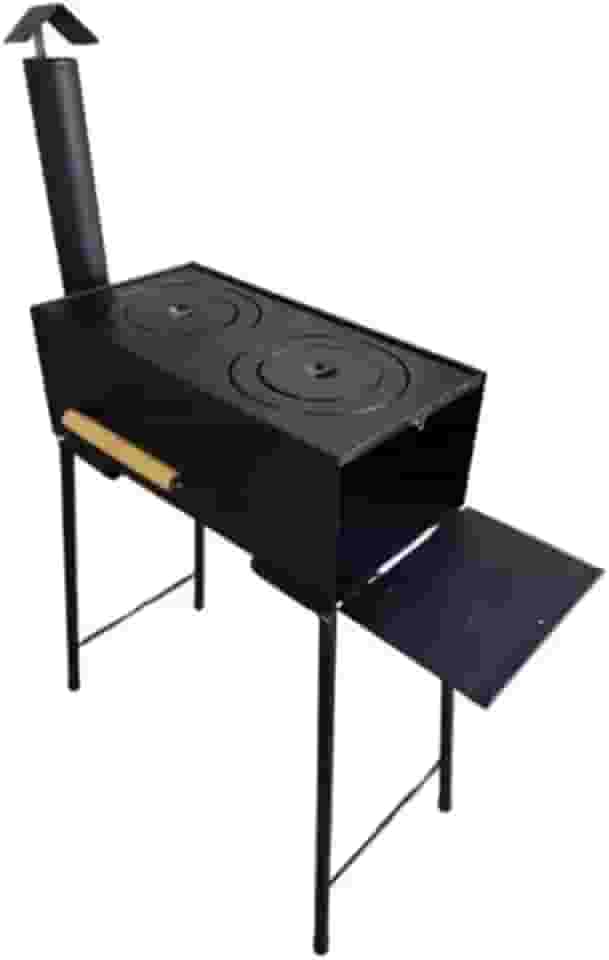 Fogão a Lenha Artesanal, Preto, 2 Bocas com Tampa, Base em Metal, 57cm Altura, Placa Superior 48x24cm, para Cozinha e Aquecimento