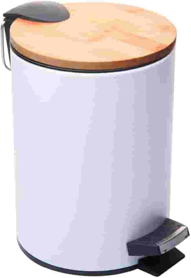 LYOR - Lixeira Redonda De Metal Com Pedal e Tampa Em Bambu Branca 5L