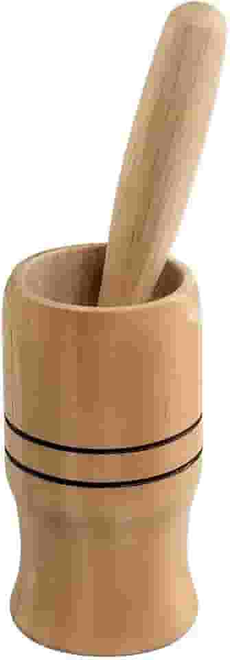 Pilão de Madeira com Socador, 12 cm de Altura, Utensílio para Temperos Amassador de Alho
