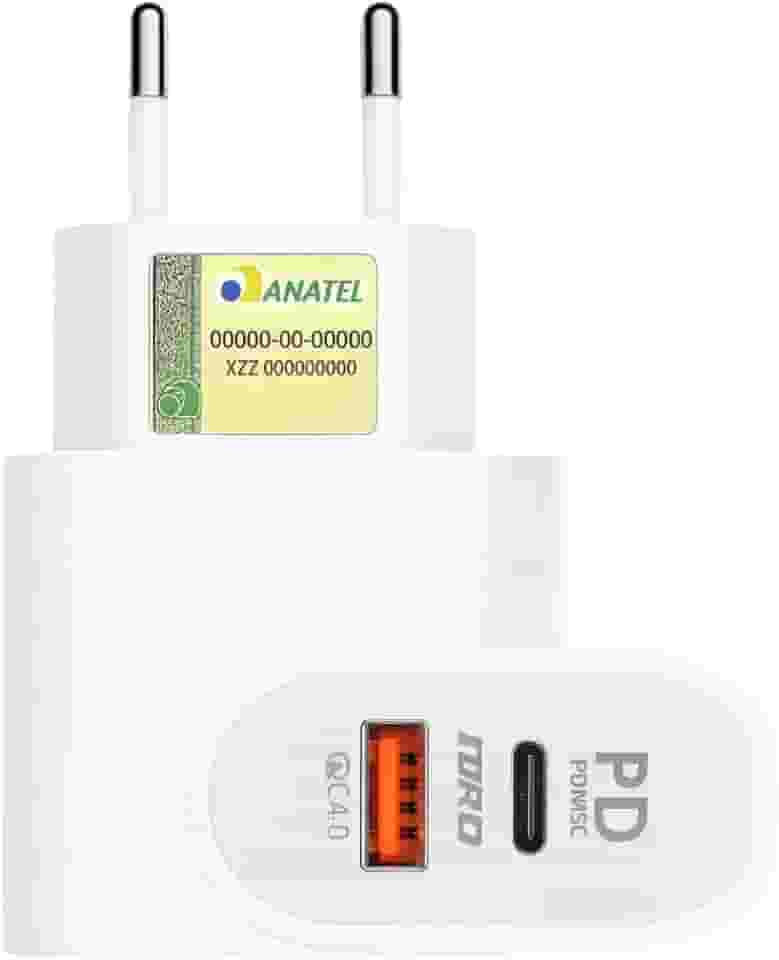 Fonte Carregador Dupla Turbo 40W 2 Entradas USB-C e USB Turbo Carregador Universal Tipo C e USB Premium A GOLD® Compatível com iPhone, Samsung, IOS/Android Ultra Rápido Power Delivery