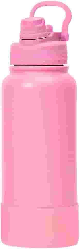 Garrafa Térmica de Água 1 Litro com Alça Garrafinha 2 em 1 com Canudo e Saída Livre em Inox e Sistema Térmico a Vácuo (Rosa)