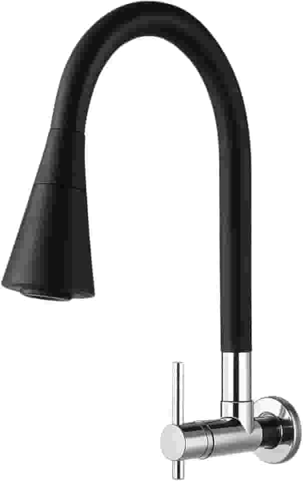Torneira Cozinha Parede Gourmet Flexível Preto Base Metálica Inox 2 Jatos Contínuo e Arejador Preto 1/4 de volta Luxo Premium Resistente