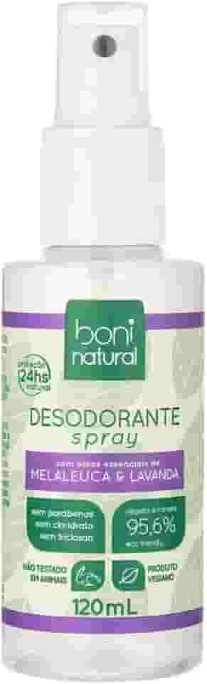 Desodorante Spray Natural e Vegano com Óleos Essenciais de Melaleuca e Lavanda, 24 horas de proteção, Sem Alumínio, Sem Parabenos, Sem Triclosan, Boni Natural, 120ml