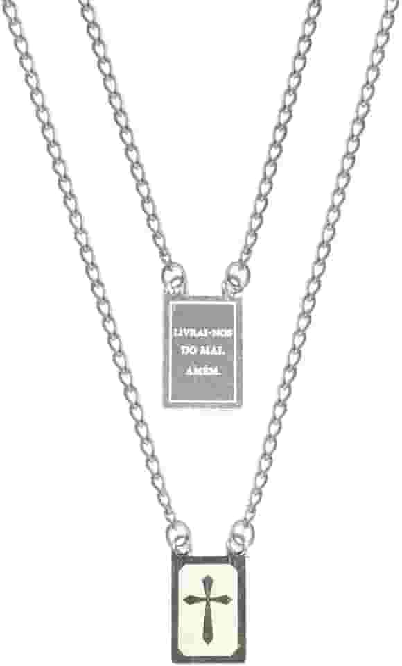 Escapulário Prateado Livrai-nos do Mal Amém com Cruz em Aço Inox 316 Para Presente Colar Corrente Cordão Masculio e Feminino