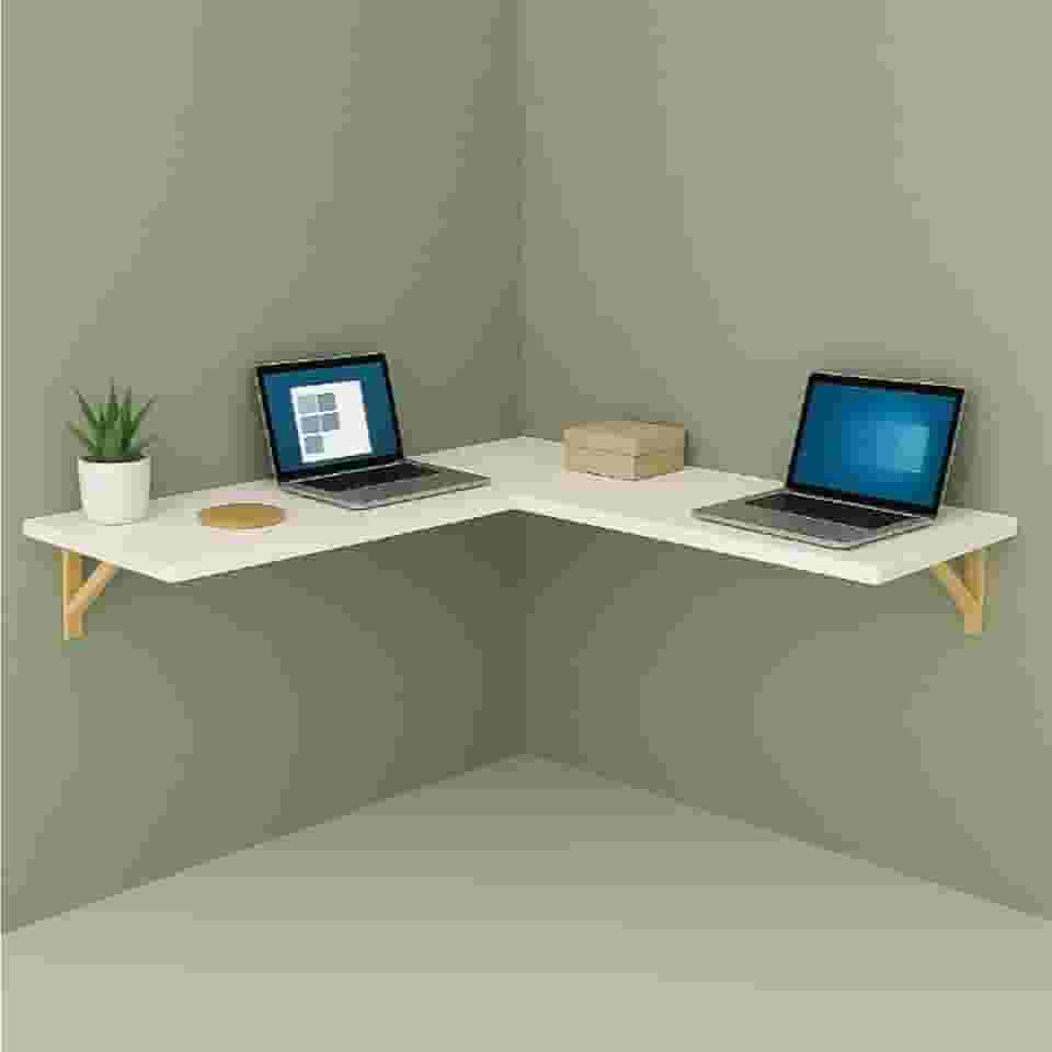 Mesa em L Suspensa para Computador e Notebook - Estilo Industrial com Prateleira e Mão Francesa de Madeira Maciça, Ideal para Home Office e Gamer(Branco)