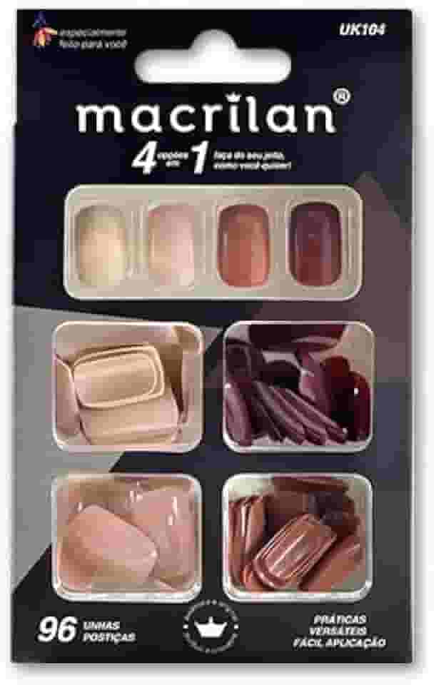 Unhas Postiças - Kit com 96 Peças e 4 Cores, Natural Look, Aplicação Simples - Macrilan UK104