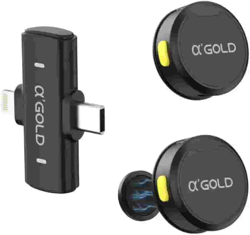 Microfone de Lapela Sem Fio A’GOLD MCF-38D – Compatível com IOS, Android, USB-C e Lightning – Captação Omnidirecional com Redução de Ruído – Ideal para Gravações, Aulas, Lives e Entrevistas