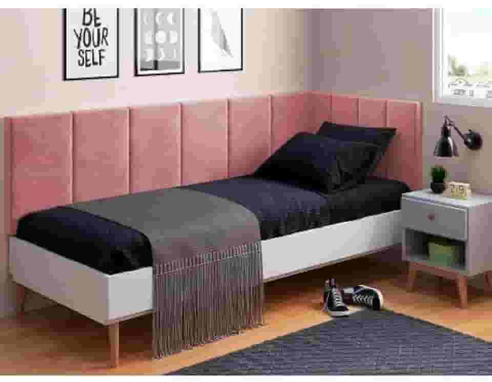 Cabeceira em L para Cama Box Solteiro Proteção Lateral Estofada - Rose Suede
