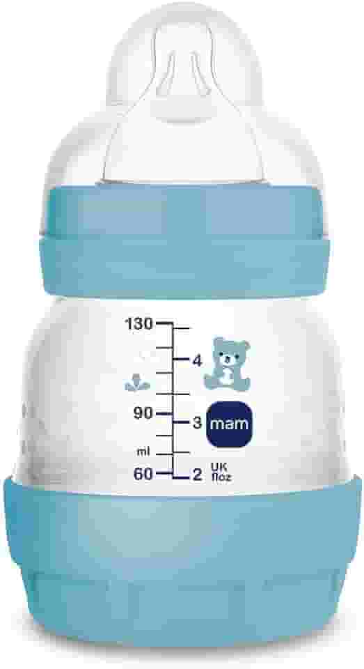 MAM Baby 1 Mamadeira Easy Start 130ml Anticólica e Menos Bolhas de Ar, para Crianças 0+ Meses Autoesterilizável e com Bico de Silicone Skinsoft, Azul Oceano