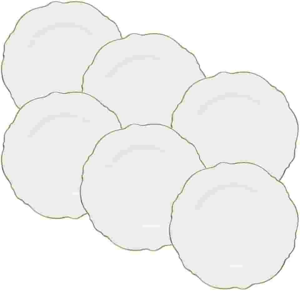 WOLFF - Conjunto 6 Pratos para Sobremesa de Porcelana Maldivas Branco com Fio de Ouro 21cm x 1,5cm