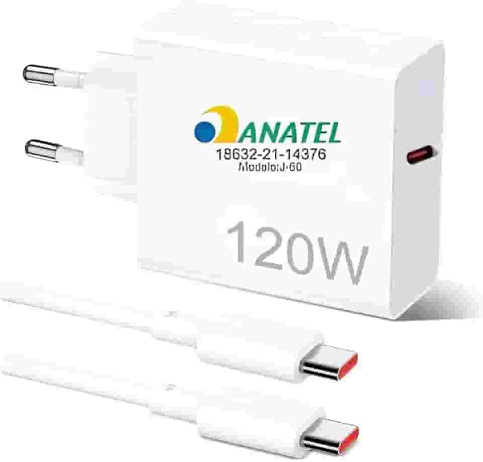 Kit Carregador Tipo C Turbo 120W com Cabo USB-C de 1 Metro e Fonte Compatível com Xiaomi 14 Pro 13 Ultra 11 12t Pro F4 Gt 5.0 Carregamento Ultra Rápido de Celular Branco Anatel – VOLT3M
