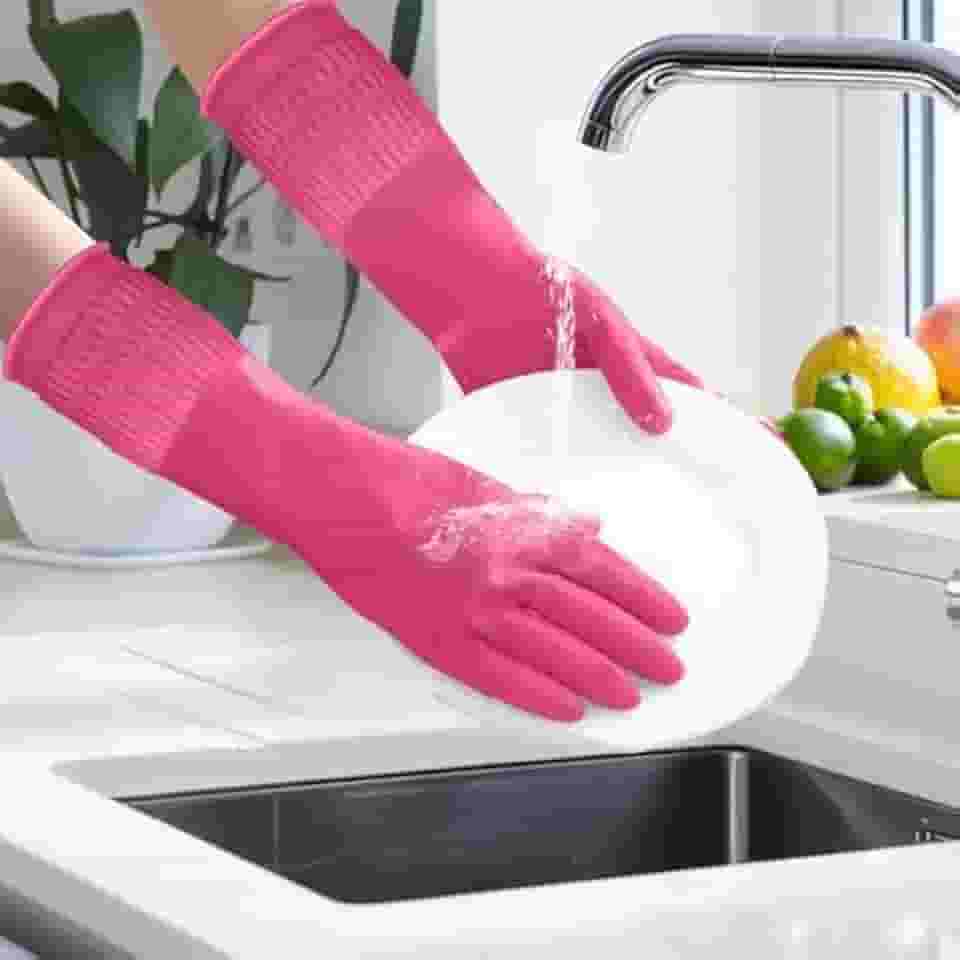 Luvas de borracha para limpeza com punhos longos, impermeáveis para lavar louça, luvas domésticas com aderência para cozinha e banheiro (rosa, G)