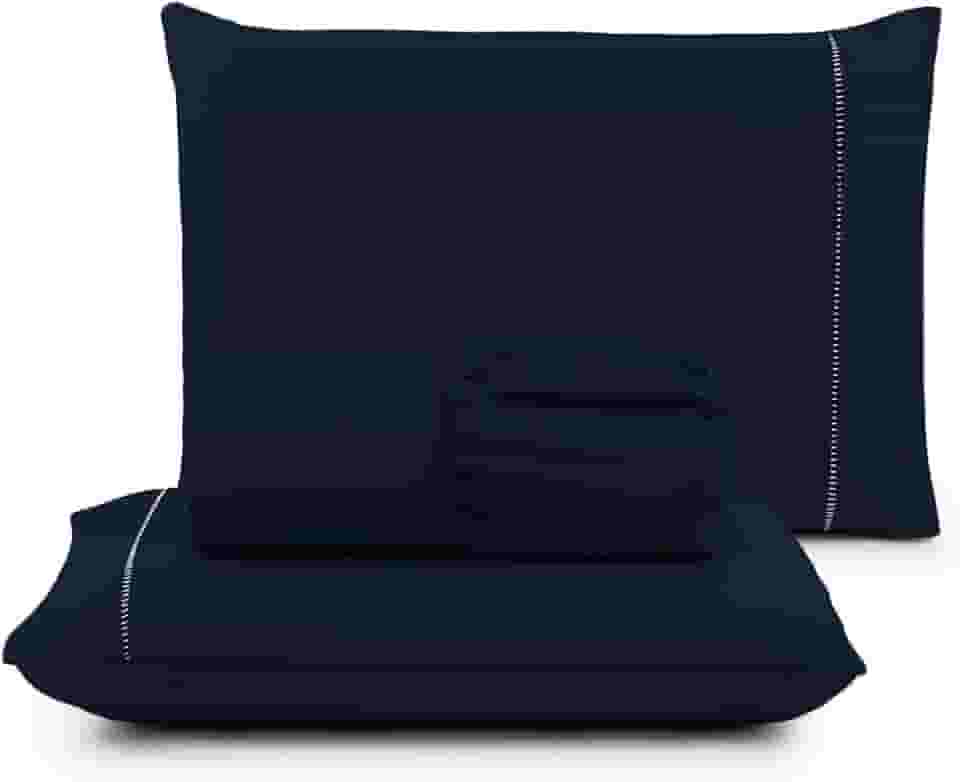 Jogo de Lençol Casal 3 Peças Micropercal 400 Fios, Acabamento em Ponto Palito, Toque Acetinado de Hotel, Antiácaro, Não Amassa, Lençol com Elástico, Não faz bolinha, Extra Macio. (Azul Marinho)