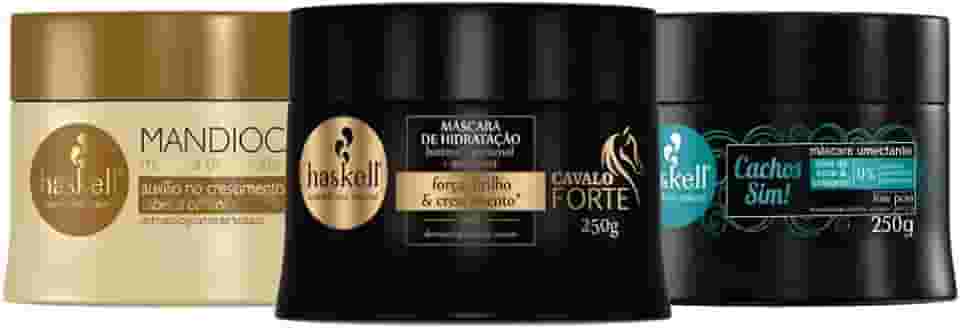 HASKELL Kit Capilar Cronograma Capilar para Cabelos Cacheados: Máscara Mandioca Hidratação, Cavalo Forte Reconstrução, Cachos Sim Nutrição