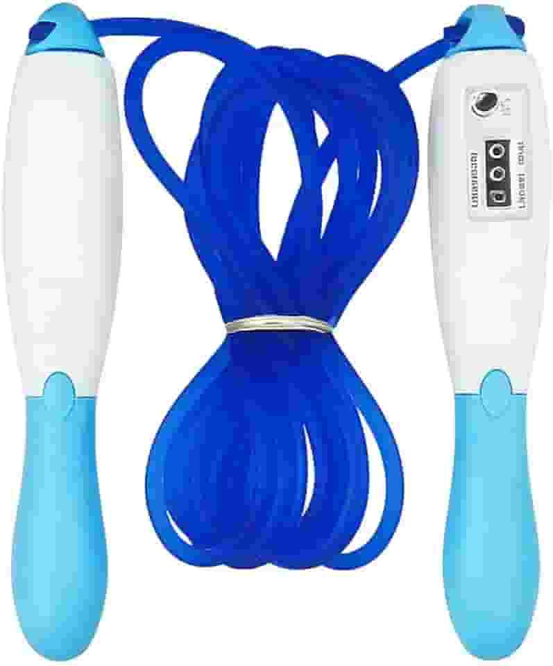 Corda De Pular Ajustável Com Contador Cabo Ergonômico Azul E Branco 2,6M Exercício Fitness