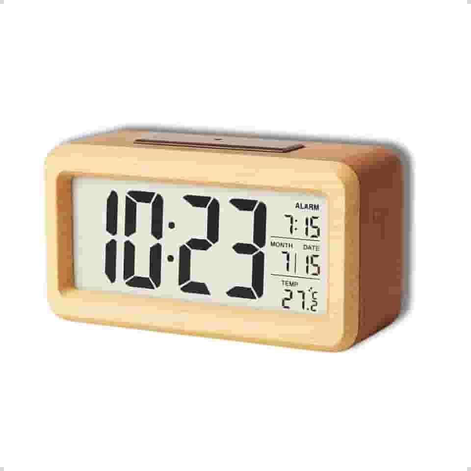 Relógio Digital Despertador Madeira Clara, Luz Noturna, Display LCD, Controle de Som, 14x4x7 cm