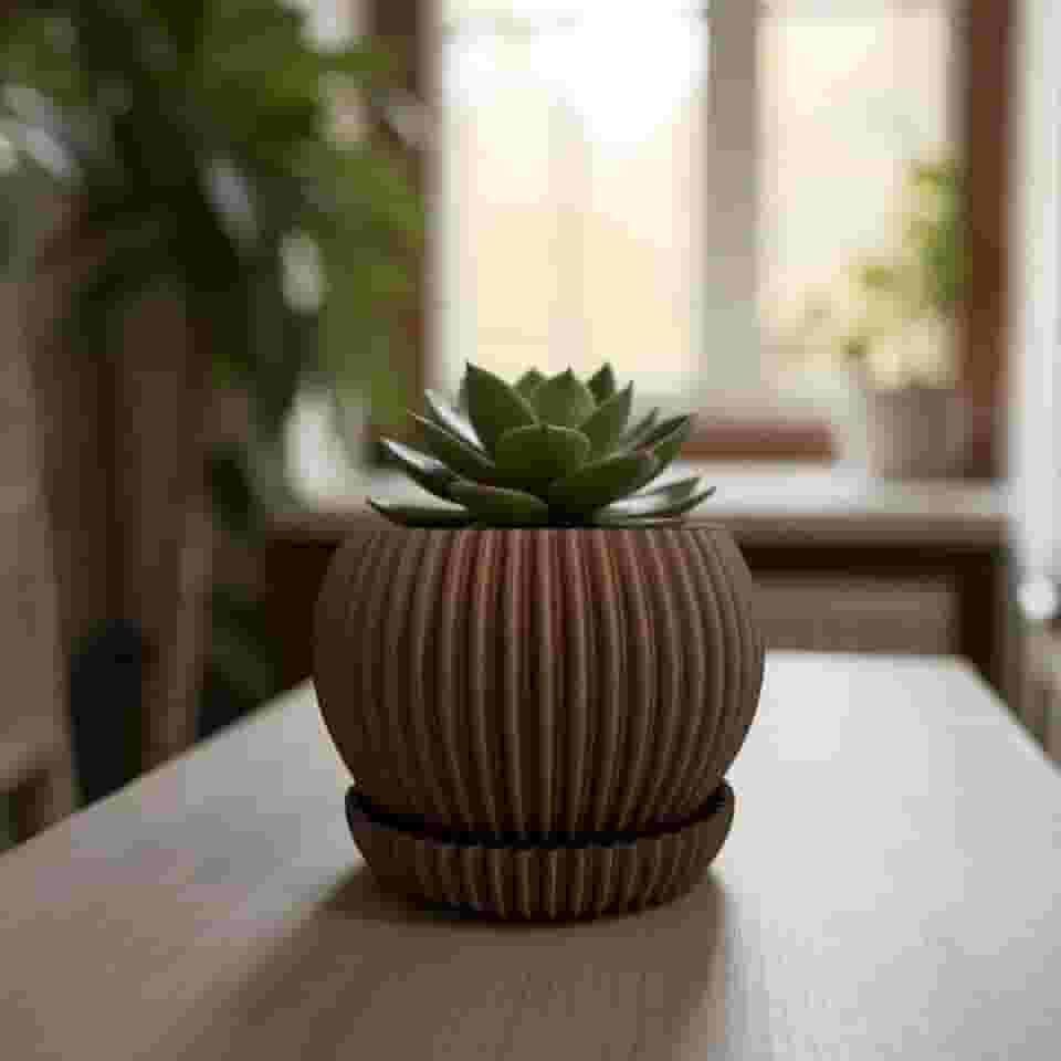 Kit 1/2/3 Vasos para Suculentas com Bandeja – Mini Vaso Decorativo Cachepô para Plantas Naturais em Textura Ondulada(MARROM)