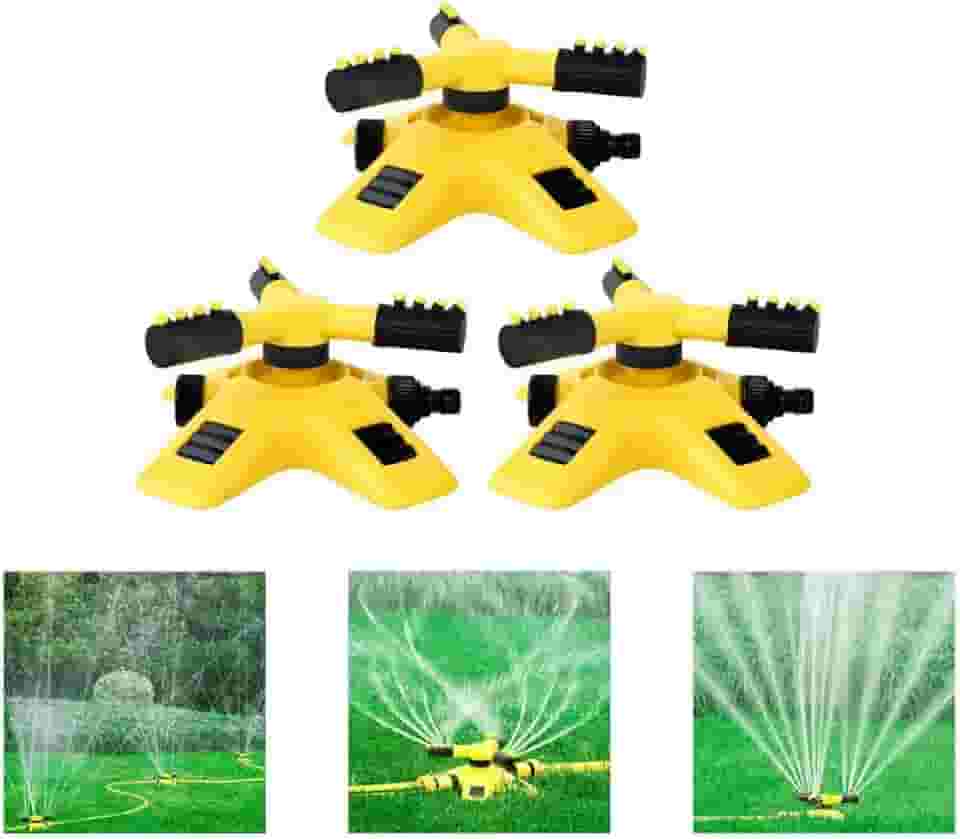 Kit 3 Irrigadores de Jardim Giratórios 360°, 2 Modos de Rega, Base Amarela, Alcance 8,07 cm, Conexão em Série