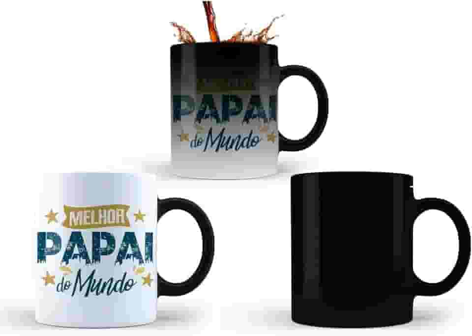 Caneca Mágica Dia dos Pais, Melhor Papai do Mundo, 325ml, Preta, Cerâmica, Presente