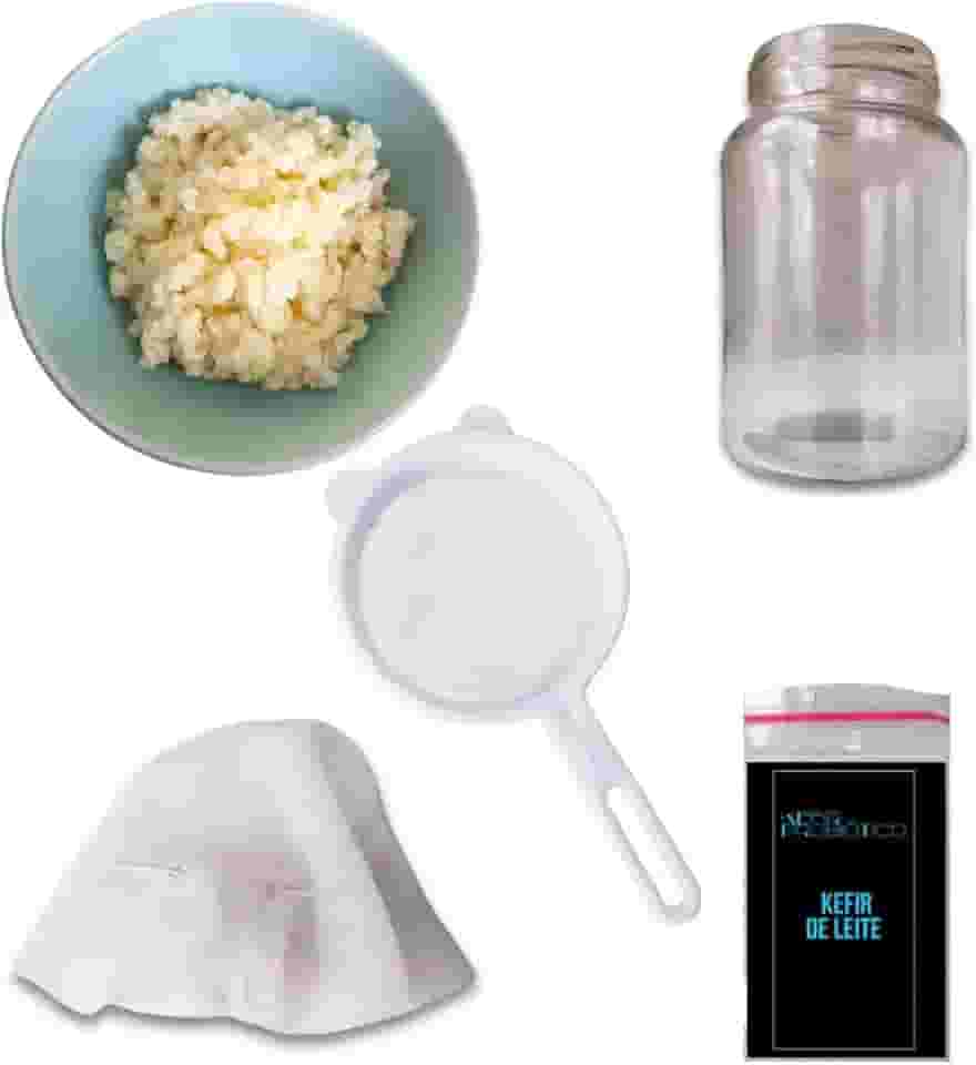 Kefir de Leite Vivo – Kit Artesanal com Frasco 500ml, Peneira, Tampa Respirável e Manual