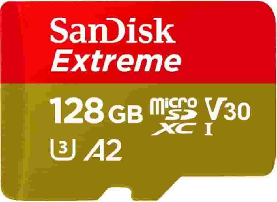 SanDisk Cartão UHS I Extreme microSD de 128 GB para vídeo 4K em smartphones, câmeras de ação e drones 190 MB/s de leitura, 90 MB/s SDSQXAA 128G GN6MN, vermelho/dourado