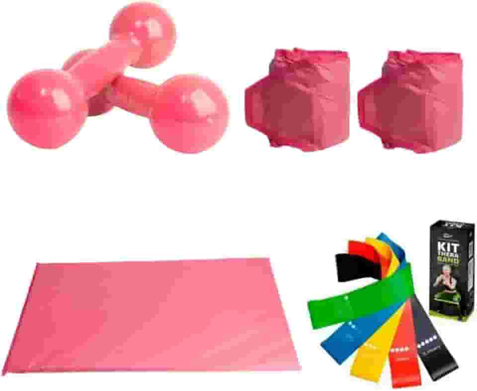 Kit Treino: Par Halter 01 Kg + Par Tornozeleiras 01 Kg + Colchonete Rosa + Kit 05 Elásticos Multifuncionais Tensões Variadas