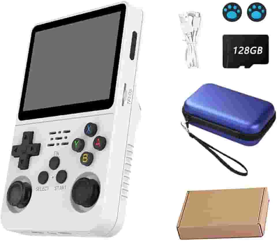 Console de video game portátil R36S Retro de 128 GB,r36s console portatil, mais de 39.000 jogos, Arkos 2.0, tela IPS de 3,5 polegadas,39.000+ jogos,cartão TF 128GB,reprodutor de vídeo de bolso(Branco)