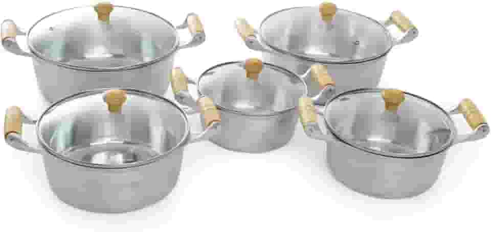 Kit 5 Peças Jogo de Panelas Polido Tampa Vidro Alumínio Fundido Batido Grosso