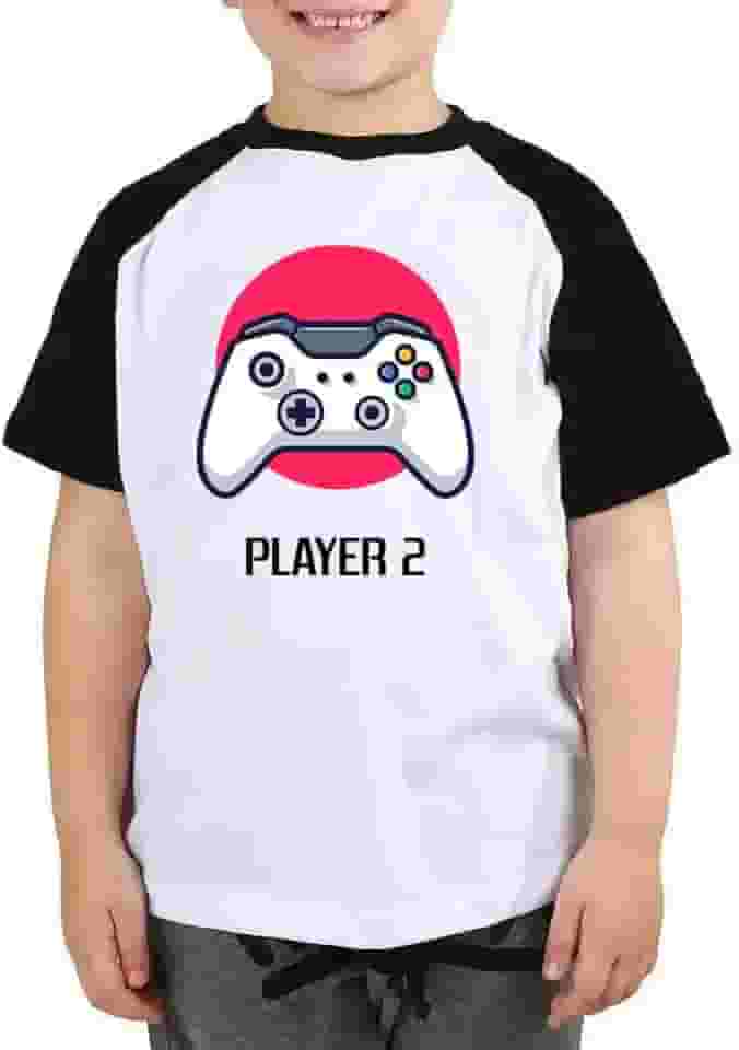 Camiseta infantil player 2 camisa blusa gamer geek jogos fun Cor:Preto com Branco;Tamanho:10 Anos
