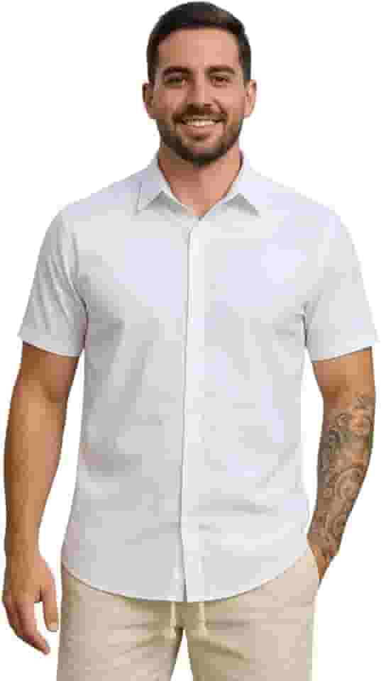 Camisa Masculina Gola Italiana Manga Curta Leve Elegante para Trabalho e Passeios, Tecido Fresco Passa Facil