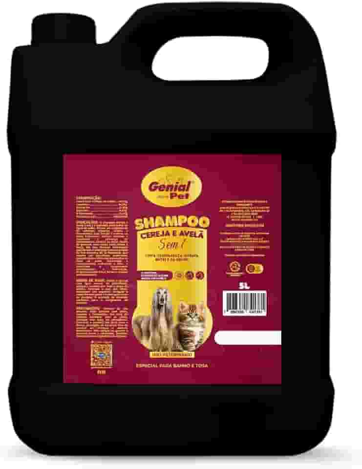 Galão Genial Pet Shampoo Cereja e Avelã 5 em 1, 5 Litros, Uso Profissional para Cães e Gatos