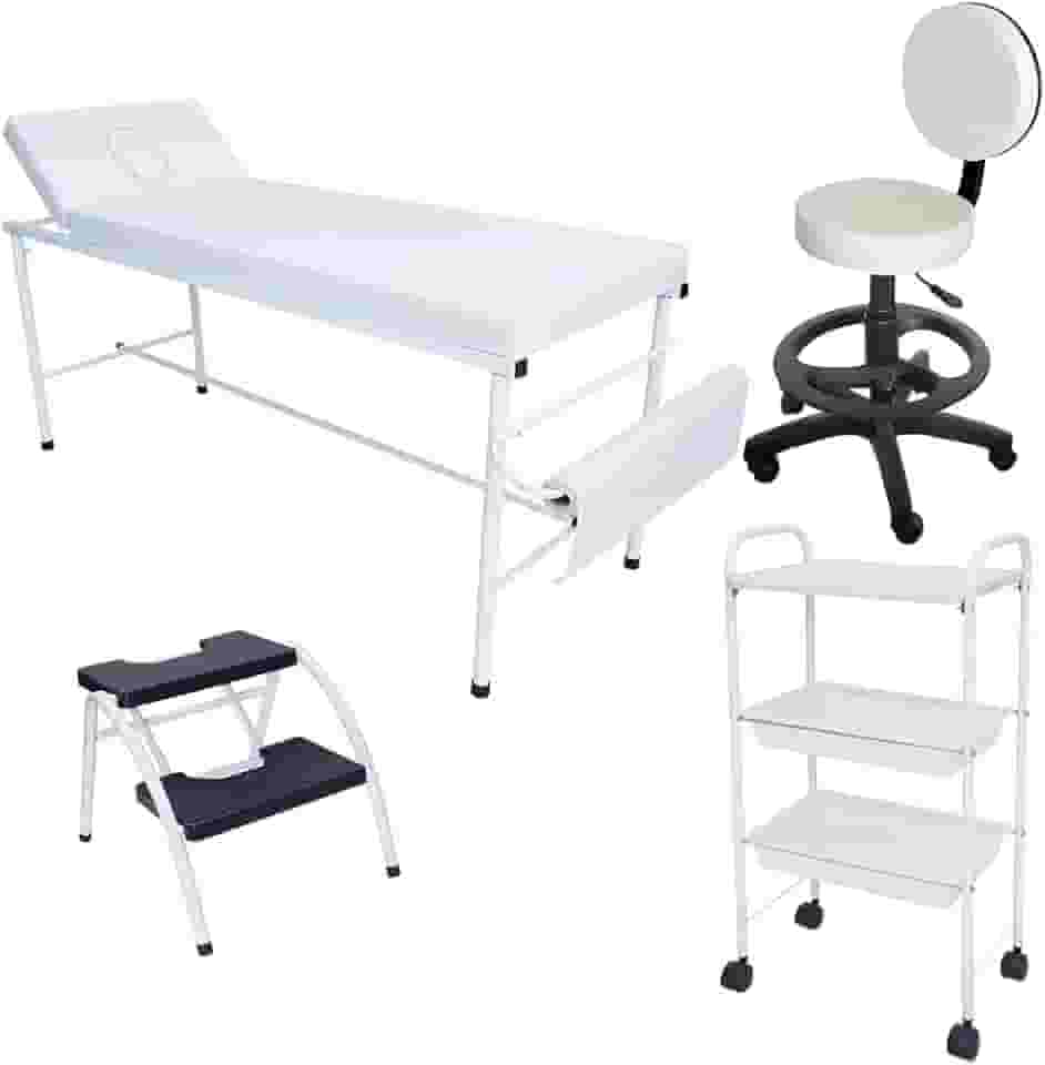 Kit Estética Branco Maca Fixa, Mocho, Escada e Carrinho Auxi