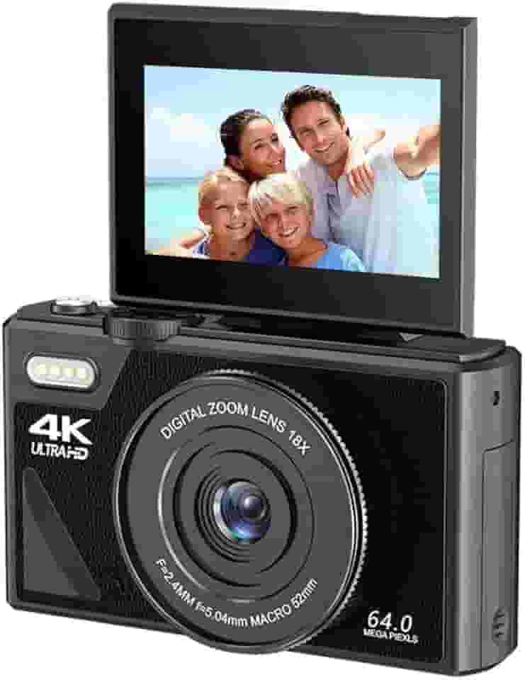 Câmera digital de 64 MP para fotografia e vídeo: câmera vlogging 4K para YouTube com tela flip de 7 cm e cartão TF de 32 GB, câmera digital com zoom digital 16X para presente (preto)
