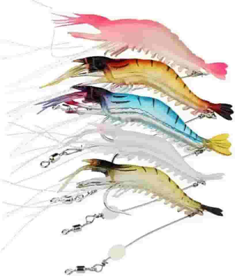 Kit 5 Iscas Artificiais Camarão Soft 9cm 5g com Anzol - Pesca Robalo, Black Bass e Corvina - Ação Realista e Glow Noturno