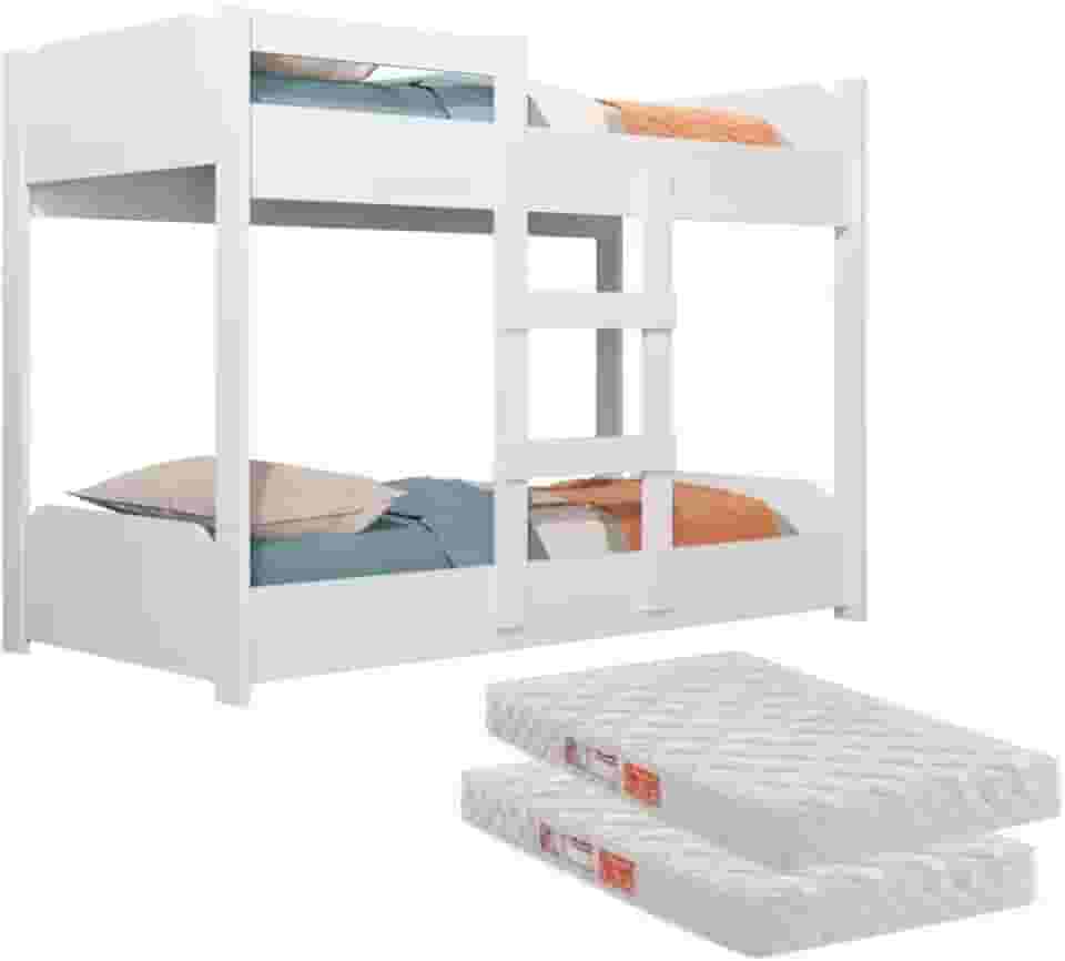 Beliche Infantil 2 em 1 Transforma- se em Minicama 100% MDF com Grades de Proteção e Escada Segurança e Conforto para crianças Acompanha 2 Colchões de 1,50m para mais Praticidade (Branco)